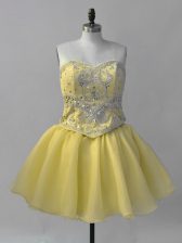 Affordable Sleeveless Mini Length Beading Lace Up Prom Dress with Yellow