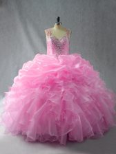  Sleeveless Floor Length Beading and Ruffles and Pick Ups Zipper 15 Quinceanera Dress with Baby Pink
