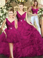 Artistic Fuchsia Three Pieces V-neck Sleeveless Fabric With Rolling Flowers Floor Length Backless Beading Quinceanera Gowns