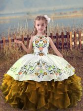 Eye-catching Brown Scoop Lace Up Embroidery and Ruffles Pageant Gowns For Girls Sleeveless