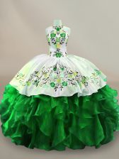 Hot Sale Halter Top Sleeveless Lace Up Quince Ball Gowns Green Organza