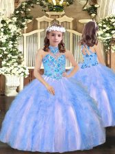 Customized Appliques and Ruffles Pageant Dresses Blue Lace Up Sleeveless Floor Length