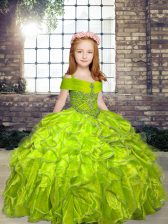 Dramatic Beading Little Girl Pageant Gowns Olive Green Lace Up Sleeveless Floor Length