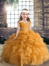 Sweet Organza Straps Sleeveless Lace Up Beading and Ruffles and Pick Ups Child Pageant Dress in Orange