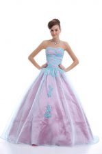 Deluxe Sweetheart Sleeveless Quinceanera Gown Floor Length Appliques Light Blue Organza