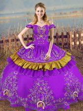 Flare Purple Sleeveless Floor Length Embroidery Lace Up Vestidos de Quinceanera