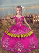  Fuchsia Ball Gowns Beading and Embroidery Pageant Dress Lace Up Satin Sleeveless Floor Length