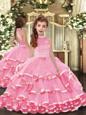  Pink Halter Top Neckline Beading and Ruffled Layers Girls Pageant Dresses Sleeveless Backless