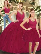 High Quality V-neck Sleeveless 15th Birthday Dress Floor Length Ruffles Red Tulle