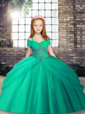 Beauteous Turquoise Tulle Lace Up Little Girls Pageant Dress Sleeveless Floor Length Beading