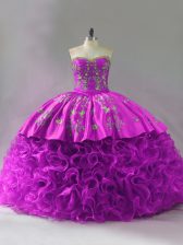 Customized Sleeveless Brush Train Lace Up Beading and Embroidery and Ruffles Quinceanera Gown