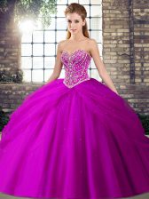 Glamorous Tulle Sweetheart Sleeveless Brush Train Lace Up Beading and Pick Ups Vestidos de Quinceanera in Fuchsia
