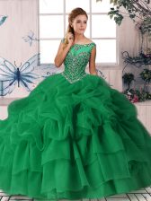  Green Zipper 15th Birthday Dress Beading and Pick Ups Sleeveless Brush Train