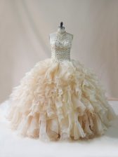  Sleeveless Organza Floor Length Lace Up Sweet 16 Quinceanera Dress in Champagne with Beading and Ruffles