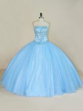  Blue Quince Ball Gowns Sweet 16 and Quinceanera with Beading Strapless Sleeveless Lace Up
