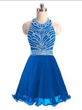  Blue Lace Up Halter Top Beading Prom Party Dress Chiffon Sleeveless
