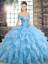 High Quality Ball Gowns Sleeveless Blue Ball Gown Prom Dress Brush Train Lace Up