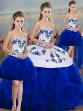 Glittering Sweetheart Sleeveless Quinceanera Gowns Floor Length Embroidery and Ruffles and Bowknot Royal Blue Tulle