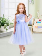  Sleeveless Tea Length Sequins and Hand Made Flower Zipper Toddler Flower Girl Dress with Lavender