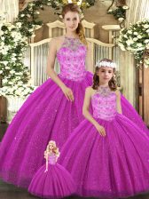 New Arrival Fuchsia Tulle Lace Up Sweet 16 Dress Sleeveless Floor Length Beading