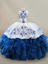  Blue And White Lace Up Halter Top Embroidery and Ruffles 15th Birthday Dress Organza Sleeveless
