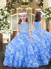 Elegant Blue Ball Gowns Organza Scoop Sleeveless Beading and Ruffles Floor Length Zipper Kids Formal Wear