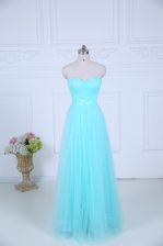 Luxurious Sweetheart Sleeveless Quinceanera Court of Honor Dress Floor Length Ruching Aqua Blue Tulle
