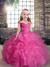  Hot Pink Ball Gowns Beading and Ruffles High School Pageant Dress Lace Up Organza Sleeveless Floor Length