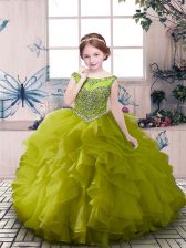 Latest Scoop Sleeveless Little Girls Pageant Dress Floor Length Beading and Ruffles Olive Green Organza