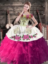 Best Selling Fuchsia Ball Gowns Off The Shoulder Sleeveless Satin Floor Length Lace Up Embroidery and Ruffles Quinceanera Dress