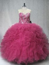 Flirting Coral Red Lace Up Quinceanera Gowns Beading and Ruffles Sleeveless Floor Length