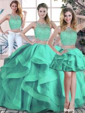  Turquoise Ball Gowns Tulle Scoop Sleeveless Beading and Ruffles Floor Length Zipper Quinceanera Dresses