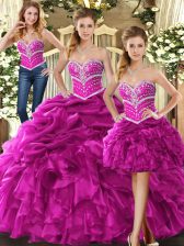 Dazzling Fuchsia Lace Up Quinceanera Gowns Beading and Ruffles Sleeveless Floor Length