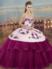  Floor Length Lace Up 15 Quinceanera Dress Fuchsia for Military Ball and Sweet 16 and Quinceanera with Embroidery and Bowknot