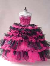 New Style Pink And Black Sleeveless Beading and Ruffled Layers Lace Up Quinceanera Dress