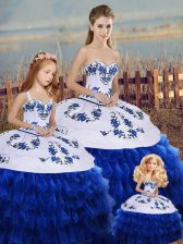 Attractive Sleeveless Organza Floor Length Lace Up Quinceanera Gowns in Royal Blue with Embroidery and Ruffled Layers and Bowknot