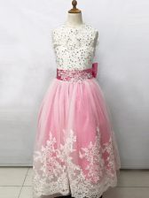 Dazzling Floor Length Empire Sleeveless Pink And White Flower Girl Dress Lace Up