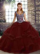 Flare Sleeveless Tulle Floor Length Lace Up Quinceanera Dress in Burgundy with Beading and Ruffles