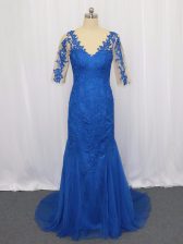 Flirting Blue Mermaid Scoop 3 4 Length Sleeve Tulle Brush Train Zipper Lace and Appliques Prom Party Dress