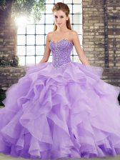 Fantastic Lavender Ball Gowns Beading and Ruffles Quinceanera Gown Lace Up Tulle Sleeveless
