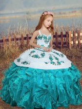  Embroidery and Ruffles Kids Formal Wear Aqua Blue Lace Up Sleeveless Floor Length