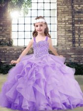 Pretty Lavender Ball Gowns Beading and Ruffles Little Girls Pageant Gowns Lace Up Organza Sleeveless Floor Length