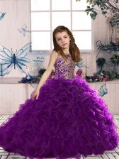 Stylish Floor Length Eggplant Purple Child Pageant Dress Scoop Sleeveless Lace Up