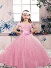 Inexpensive Pink Sleeveless Floor Length Lace and Bowknot Lace Up Kids Formal Wear