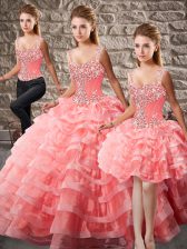  Watermelon Red Sleeveless Court Train Beading and Ruffled Layers Quinceanera Gowns