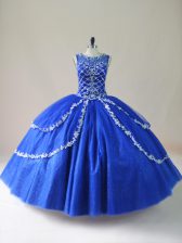  Royal Blue Tulle Zipper Scoop Sleeveless Floor Length Ball Gown Prom Dress Beading
