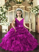  Organza V-neck Sleeveless Backless Beading and Ruffles and Ruching Kids Pageant Dress in Purple