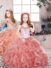 On Sale Red Ball Gowns Organza Scoop Sleeveless Beading and Ruffles Floor Length Zipper Little Girls Pageant Dress