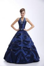 Flare Halter Top Sleeveless Taffeta 15 Quinceanera Dress Embroidery and Pick Ups Lace Up