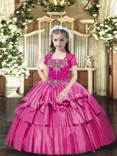 Enchanting Floor Length Hot Pink Little Girl Pageant Dress Straps Sleeveless Lace Up